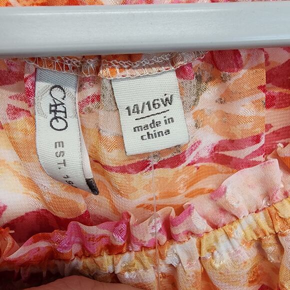 Cato Tropical Peplum Blouse Size 14/16 Pink Swiss Dot Flocked Ruffle Vacation - Picture 9 of 13